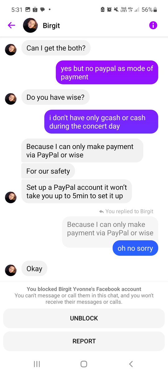 ‼️ scammer alert ‼️

@97542SUGA
Facebook: Yvonne Schäfer Birgit

they will pretend to buy your concert ticket and will ask you to create paypal or wise which will not take too long please stop scamming people such a shame on you guys