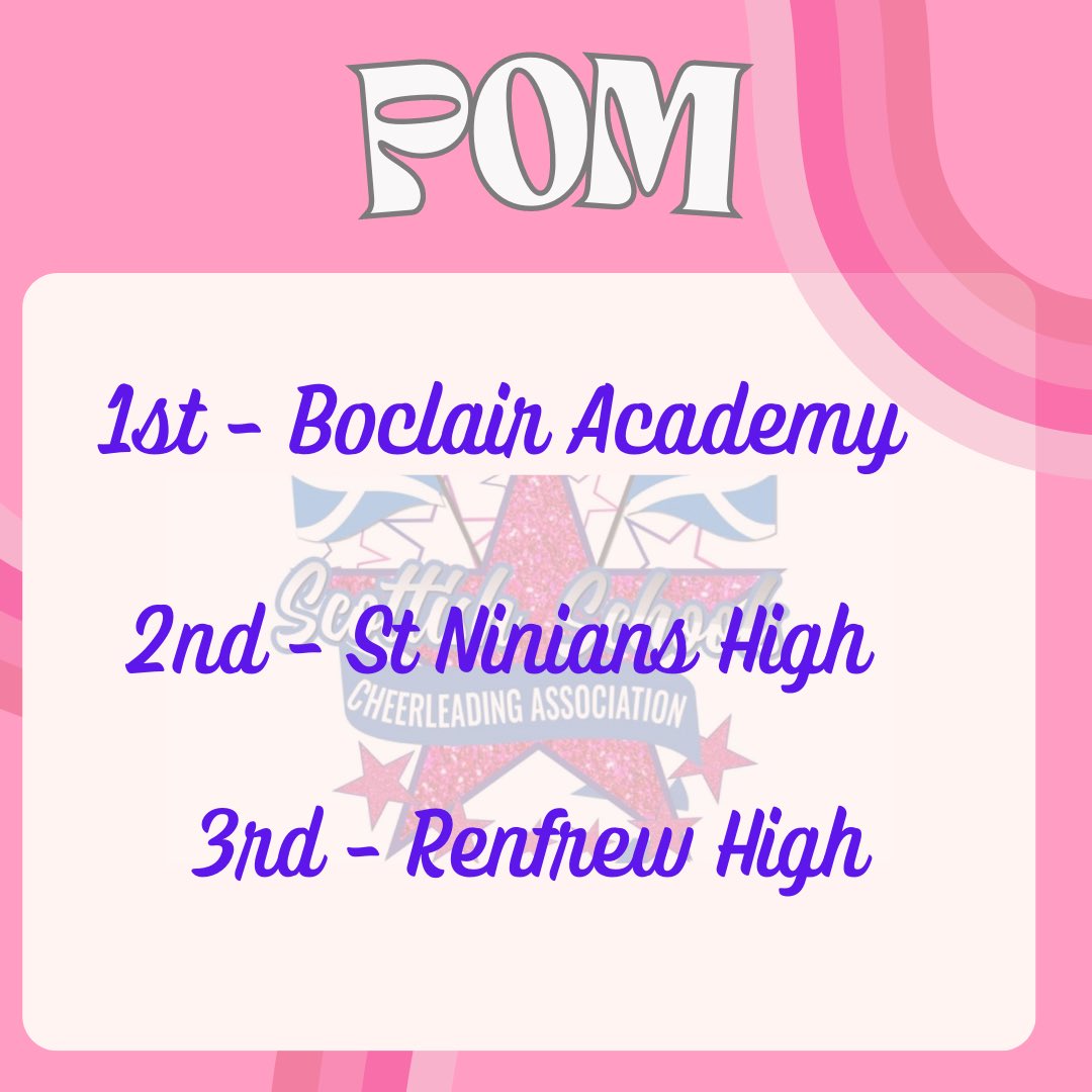 Pom Division Results 💫

🥇Boclair Academy 
🥈St Ninians High 
🥉Renfrew High 

Congratulations to all teams who competed in our Pom division ⭐️