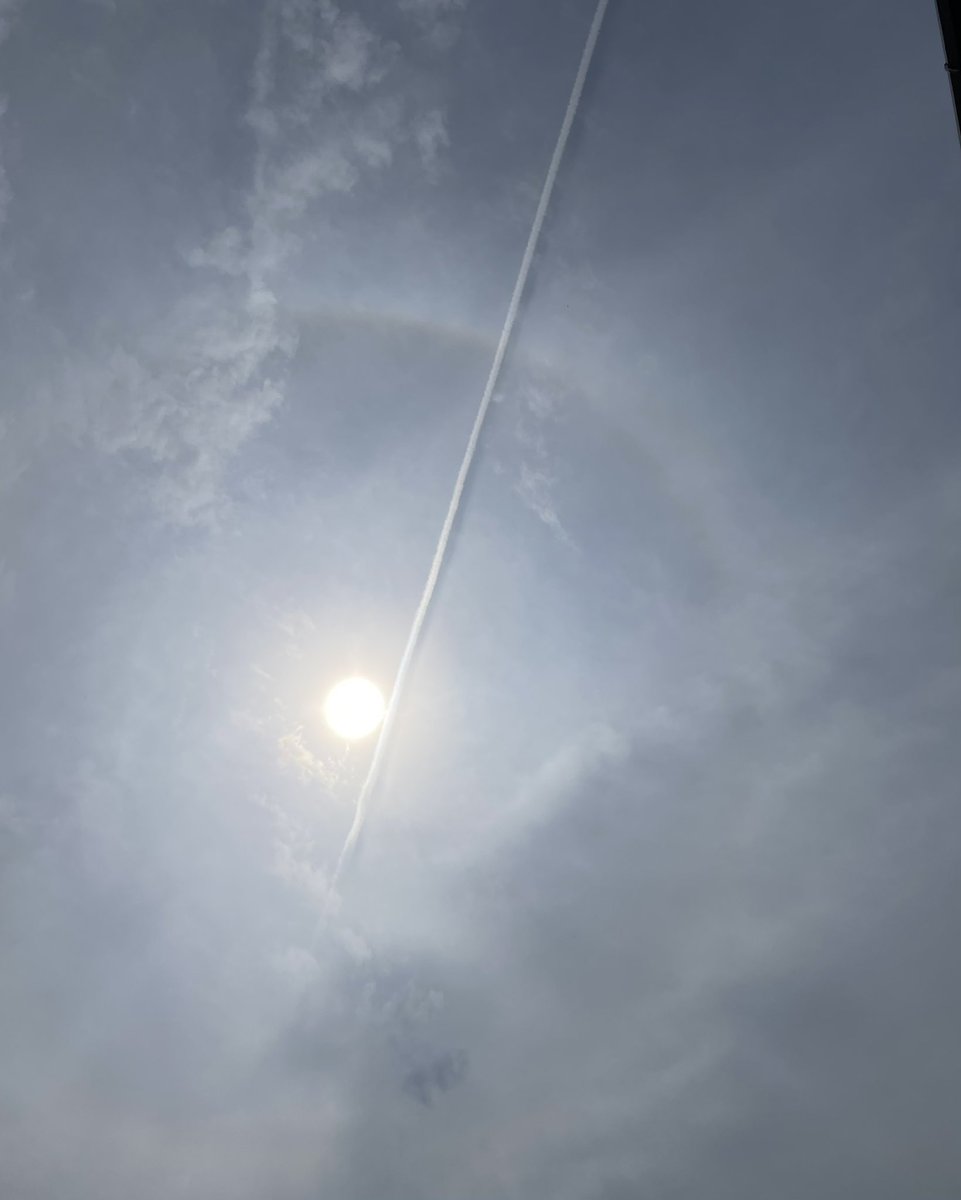 Well #LookUp at that so pretty, not so rare anymore #SunHalo and that lovely well defined shadow cast by that very unnatural #Chemtrail in our wonderful milky white sky with a sun that no longer appears to burn yellow!! 😳
#GeoEngineering
#StratosphericAerosolInjection
