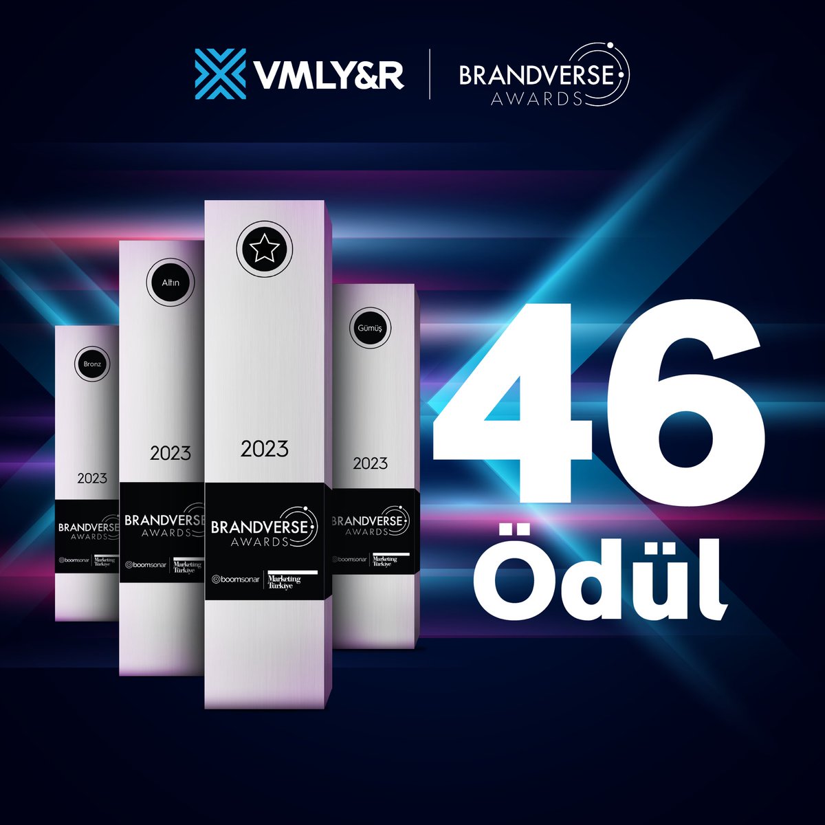 Brandverse 2023’te 2 grand prix, 9 altın, 15 gümüş ve 20 bronz olmak üzere tam 46 ödül kazandık! 
Emeği geçen tüm çalışma arkadaşlarımızı ve iş ortaklarımızı tebrik ederiz.💙 #WeAreVMLYR
