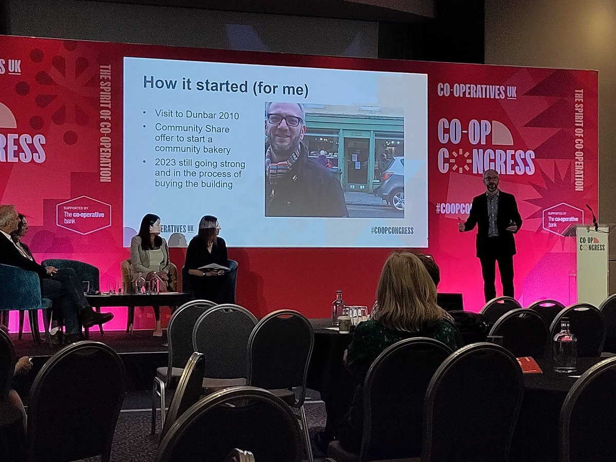 Speaking at #coopcongress @tdaviespugh, CEO of @peoplesbiz describes how a visit to @thebakerydunbar  persuaded him of the power of #communityshares to build community-owned enterprises and rebuild communities.