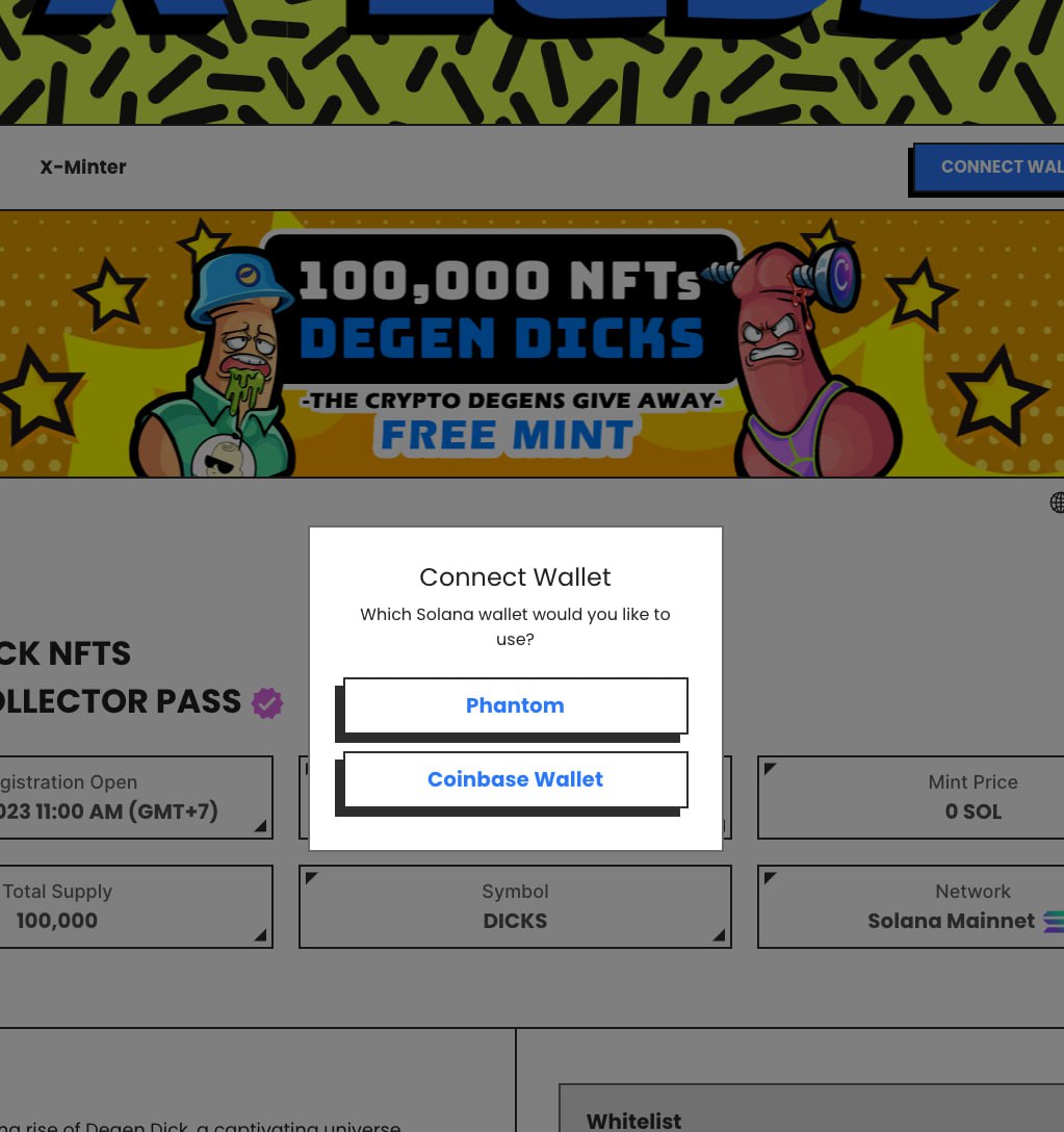 🚨 You can now seamlessly connect your Phantom wallet to begin minting directly. No more hassle with signing in to our website separately.

▶️Connect your Phantom wallet today and start your Degen Dick Freemint with ease!

Happy minting! 🥂