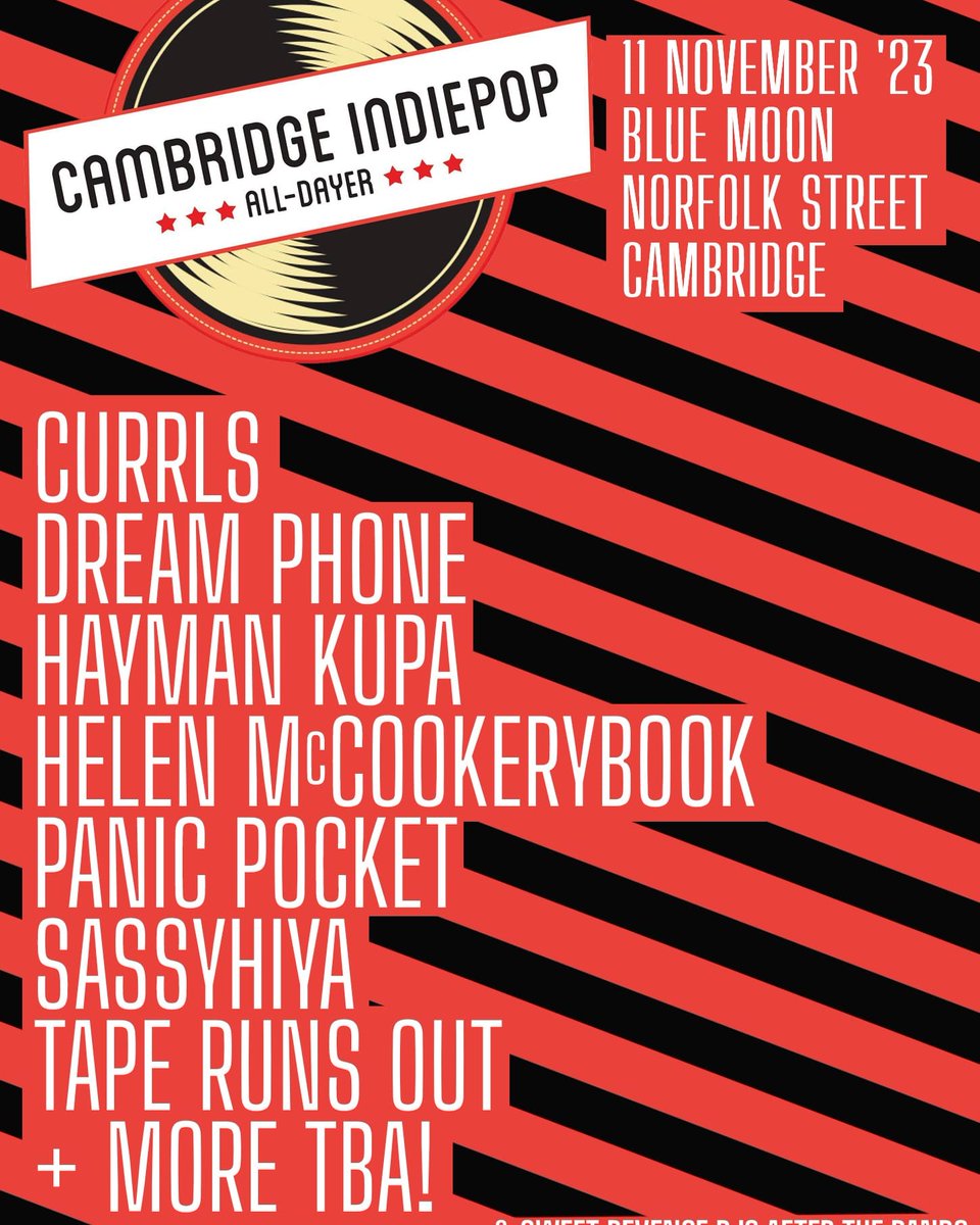 Happy Saturday! Have you picked up a ticket for our Alldayer yet? Featuring:
🔴 @currlsband
🔴 @wearedreamphone
🔴 Hayman Kupa (@darrenhayman/@emma_kupa)
🔴@mccookerybook
🔴 @panic_pocket
🔴 Sassyhiya
🔴 @taperunsout
& 2 bands TBA & disco! Tickets link in bio. #CamPop23