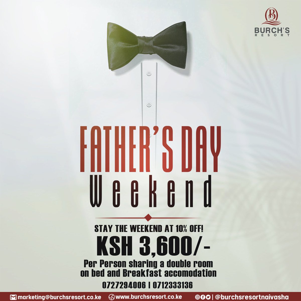 Burchs_Resort's tweet photo. Put a smile on a Father this weekend!😁
Treat them to a weekend at our resort and enjoy a 10% discount off your stay with rates as low as Ksh 3,600 per person sharing a double room on bed and breakfast accommodation!

Enjoy a special #FathersDay Edition Sunday Roast tomorrow https://t.co/qkGmAyONip