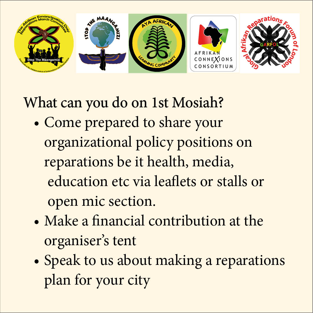 8/10 On 1st Mosiah (Aug) 2023 here are some suggestions about how you can contribute.  If your organisation requires 5 mins of stage time to speak on #reparatoryjustice works in UK or beyond, email info@reparationsmarch.org Edutainment on the theme also welcome... #Windrush Sq.