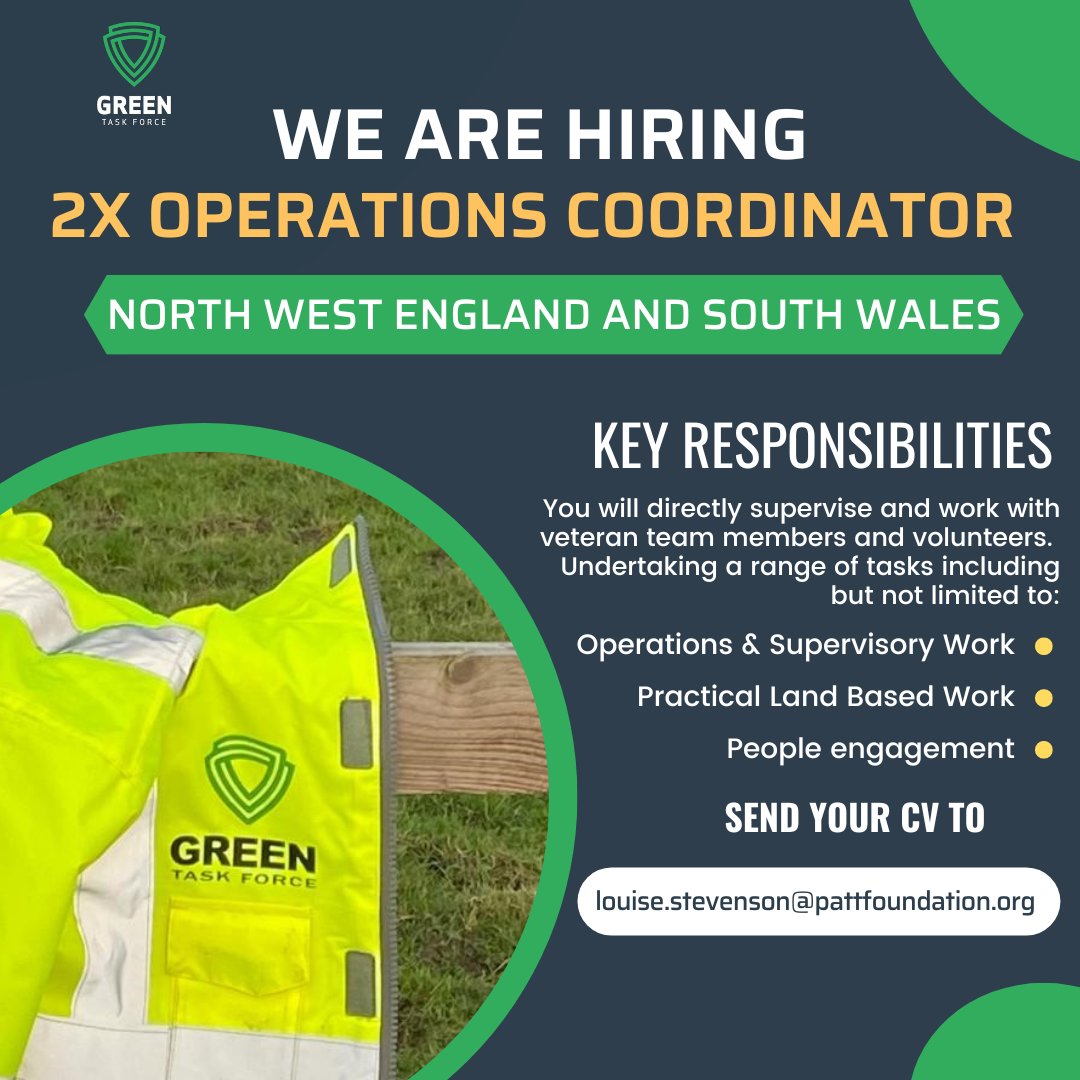 GreenTaskForce (@greentaskforce1) on Twitter photo 🌳🌳🌳 Due to continued growth we are recruiting two Operations Coordinators to join our regional teams 🌳🌳🌳
1x North West England
1x South Wales
For more information about this role, please email louise.stevenson@pattfoundation.org
Closing date 23/06/20233 🌳🌳🌳 Due to continued growth we are recruiting two Operations Coordinators to join our regional teams 🌳🌳🌳
1x North West England
1x South Wales
For more information about this role, please email louise.stevenson@pattfoundation.org
Closing date 23/06/20233