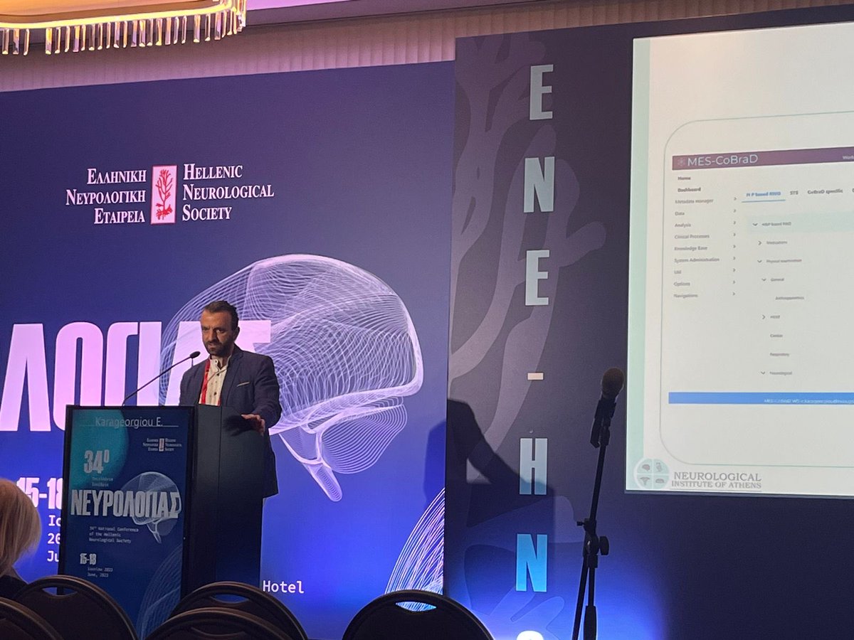 E_Karageorgiou's tweet photo. First presentation of the integrated modules of ⁦@MESCoBraD⁩ Platform at the 34th Annual meeting of the ⁦@hellenicneurol1⁩ in Athens. Two years in and, as functional components are delivered for testing, we’ll soon be able to better phenotype patients and guide them. https://t.co/CGHeH1mQYM