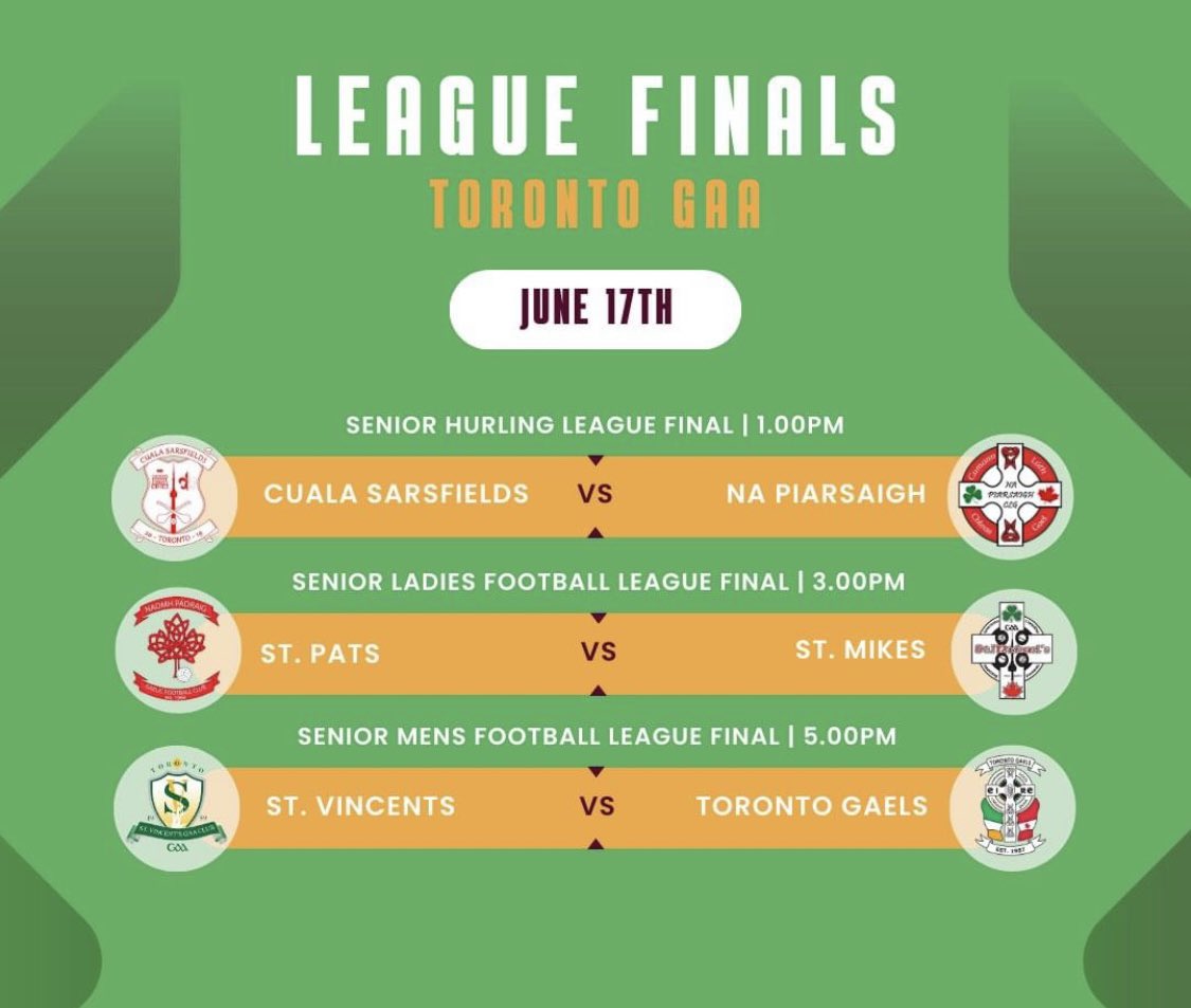 Game Day. <a href="/Toronto_GAA/">Toronto GAA 🇨🇦🏐🇮🇪</a> League Finals. <a href="/Cualasars/">Cuala Sarsfields 🇮🇪 🇨🇦</a> &amp; <a href="/NaPiarsaigh_CLG/">Na Piarsaigh CLG</a> get the day started at 1 followed by <a href="/StPatsToronto/">St.Pats GAA Toronto 🏐</a> vs <a href="/stmikesgaa/">St. Mikes GAA Toronto</a> and <a href="/stvincentsgaato/">St Vincents GAA Toronto</a> against <a href="/torontogaelsgfc/">Toronto Gaels</a>.