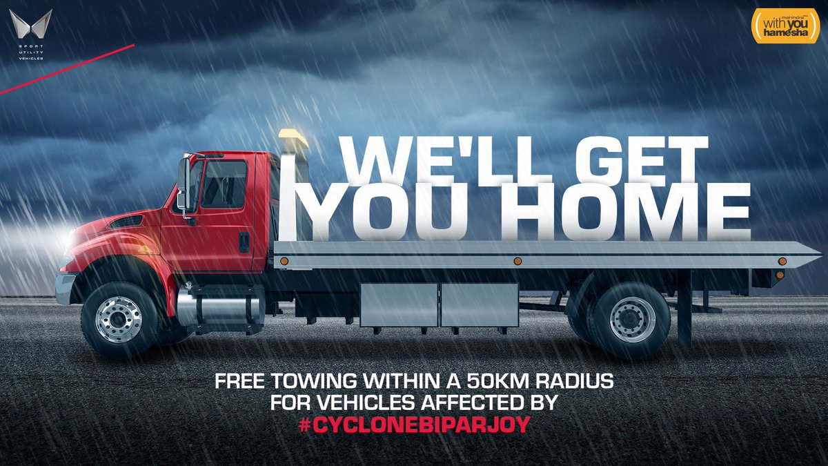 The Mahindra Relief Task Force is one call away to take on #CycloneBiparjoy. For 24x7 emergency assistance, call us on 18002096006 or tap SOS on the #WithYouHamesha app.  Always remember to park your SUV on high ground and never start the engine in case it's submerged.