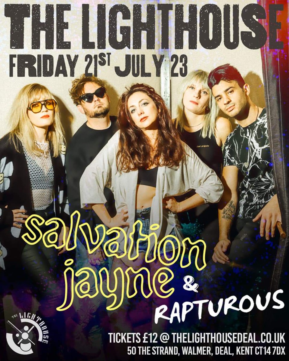 We'll be supporting our friends <a href="/SalvationJayne/">Salvation Jayne</a> at <a href="/TheLighthouse50/">The Lighthouse</a> in Deal on Friday 21st July 👀

Get your tickets now: thelighthousedeal.co.uk/tc-events/salv…

You won't want to miss this one! It's SJ's first gig back, and it's a rare local one for us. What's not to love!?

🖤🖤🖤