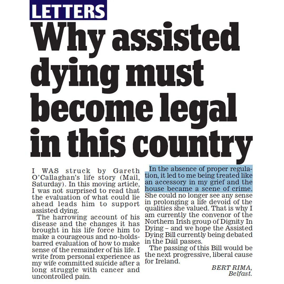 An incredibly powerful letter from Irish campaigner Bert, whose wife took her own life rather than suffer a painful death from cancer.

The blanket ban on assisted dying forced her to take the law into her own hands.

People should not be put in this agonising position.