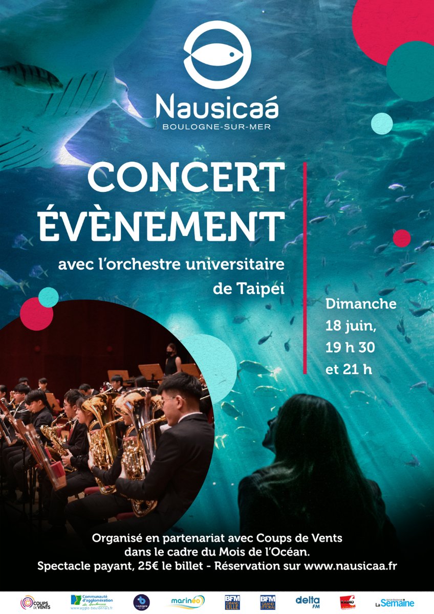 [Coups de Vents sur Nausicaa : J-1]
Le concert de l'orchestre universitaire de Taipei à @planeteNAUSICAA c'est demain 🎊

Il reste quelques places pour vivre cette expérience musicale et visuelle unique !

Pour réserver : 
➡️ nausicaa.fr/article/escale…

On se voit là-bas ?