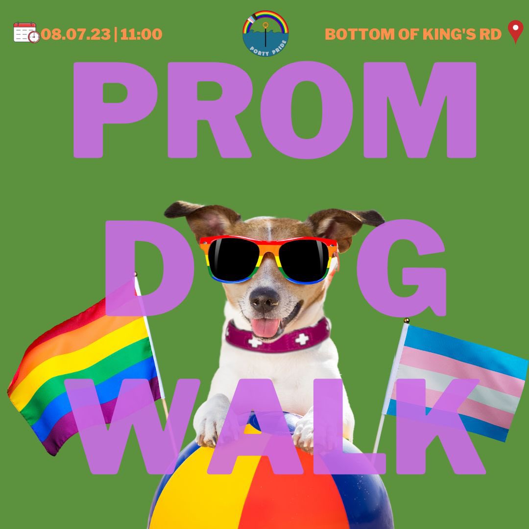 The Porty Pride Prom Dog 🐩 Walk is 3 weeks today ! 

All dogs (and their humans) are cordially invited to meet at the bottom of King's Rd at 10.45am. 
The walk will  start at 11am. 

#pride #pride2023 #pridemonth #lgbtq #transpride #lgbtqpride #lgtbqiaplus #dogs #portypride