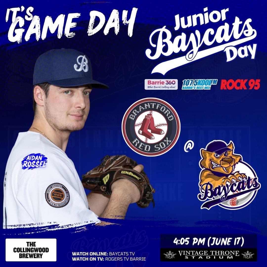 It's a @KoolFMBarrie @Rock95Barrie @Barrie360 Junior Baycats Day at the park presented by The Collingwood Brewery!

Game time is 4:05 as we face the @IBLRedSox! #RollCats

GET YOUR TICKETS NOW: seatgiantevents.ca/event/barrie-b…