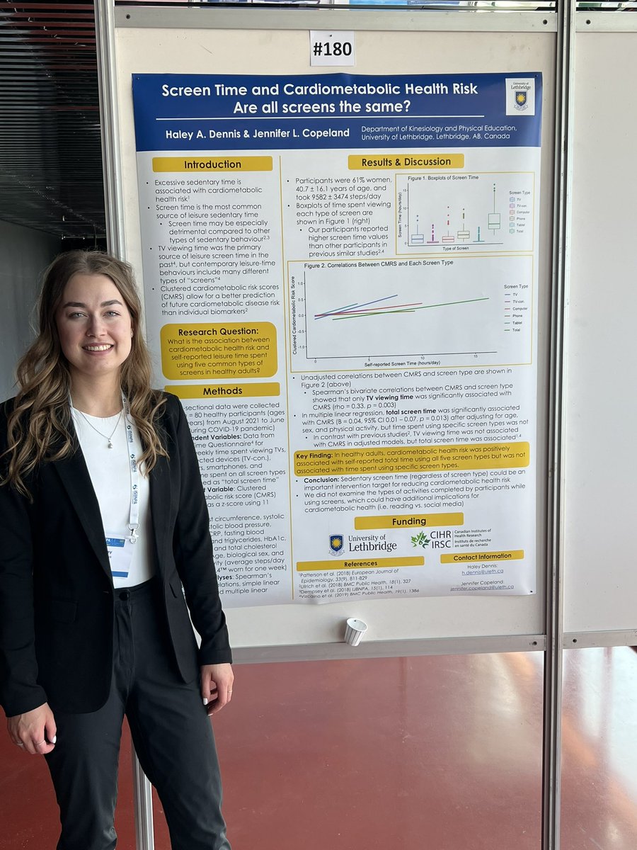@ulethKNES MSc. graduate (and Medal of Merit winner!) Haley Dennis is presenting some of her work on screen time and cardiometabolic health risk at #ISBNPA2023 in Uppsala, Sweden. Nice work, Haley!