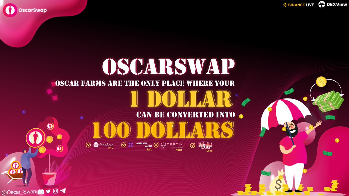 So what are you waiting for❓

💰Earn Massive rewards

1. Oscar-BNB 148,634% APY
2. BUSD-BNB 101,651% APY

🌐app.oscarswap.com/farms

#OSCARSWAP #OSCAR #BNB #BUSD #Farming #Staking #rewards