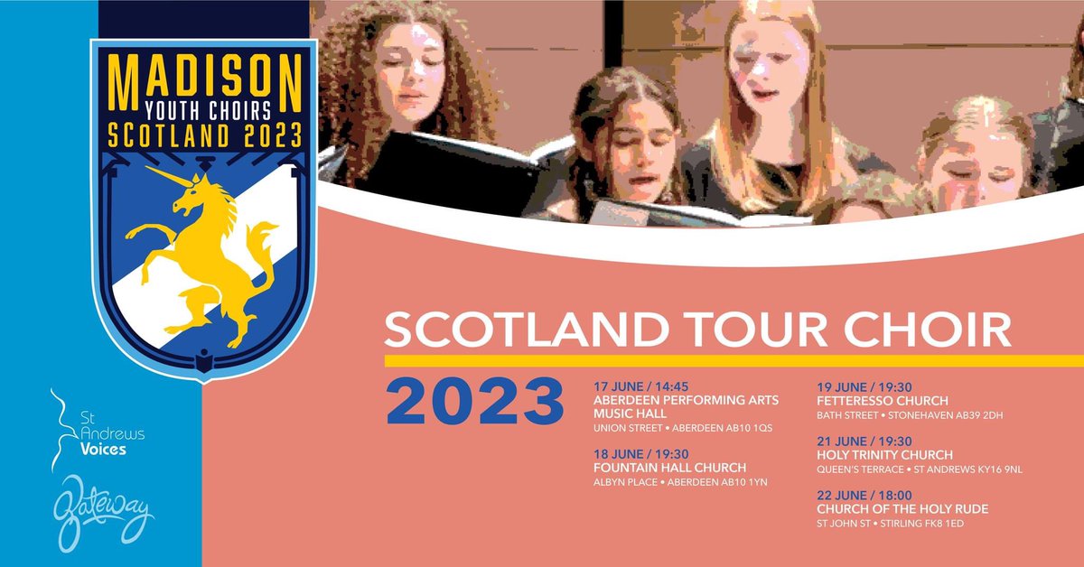 Today we welcome <a href="/mycchoirs/">Madison Youth Choirs</a> to #Scotland for performances and workshops with <a href="/acevoices/">ACE Voices</a> &amp; <a href="/NYCOScotland/">NYCOS</a> Stirling Choir in Aberdeen, Stonehaven, Dundee, St Andrews, and Stirling! 

More information: madisonyouthchoirs.org/scotland-on-to…