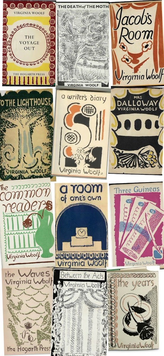 Adeline Virginia Woolf (1882 -1941) 
Important author and a pioneer of  ‘stream of Consciousness’  which she used as a narrative device.    These are her books and she designed the covers for  them