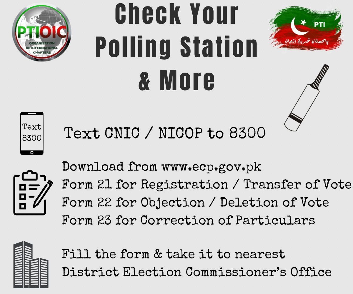 PTIOfficialISB's tweet photo. ووٹ کی معلومات کیلئے اپنا شناختی کارڈ نمبر 8300 پر میسج کے ذریعے بھیجیں۔

کِسی بھی مسئلےکی صورت میںhttps://t.co/qZe0rw5O5mسے فارم ڈاؤن لوڈ کریں۔
فارم 21 ووٹ کے اندراج / منتقلی کیلئے
فارم 22 کِسی بھی اعتراض / ووٹ کو حذف کرنے کیلئے
فارم 23 تفصیلات کی تصحیح کیلئے

فارم پُر کریں اور اسے قریب ترین ڈسٹرکٹ الیکشن کمشنر آفس لے جائیں۔
#Register2Vote