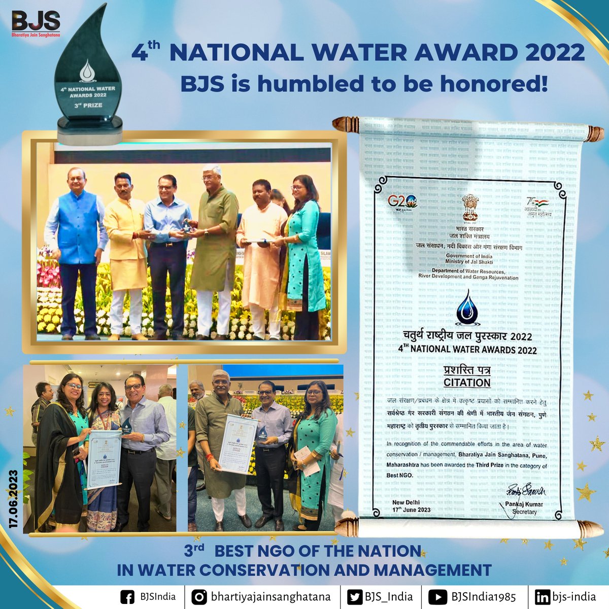 #MinistryofJalShakti, #GOI and #DepartmentofWaterresources, #RiverDevelopment and #GangaRejuvenation; today awarded '#BhartiyaJainSanghatana' (#BJS) for its efforts towards #Waterconservation, during 4th #NationalWaterAwards'2022 @ #NewDelhi.

@VPIndia
@gssjodhpur
@MoJSDoWRRDGR