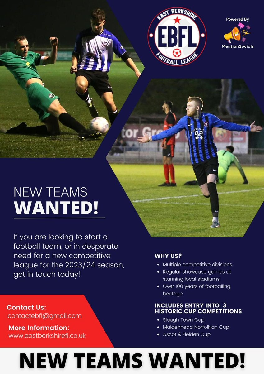 🚨 TIME IS RUNNING OUT TO JOIN THE #EBFL 🚨 Entries for new applications to join our growing constitution for the 2023-24 Season closes on Saturday 1st July, so don't hesitate to contact us now if you wish to enter a Club/team into the League