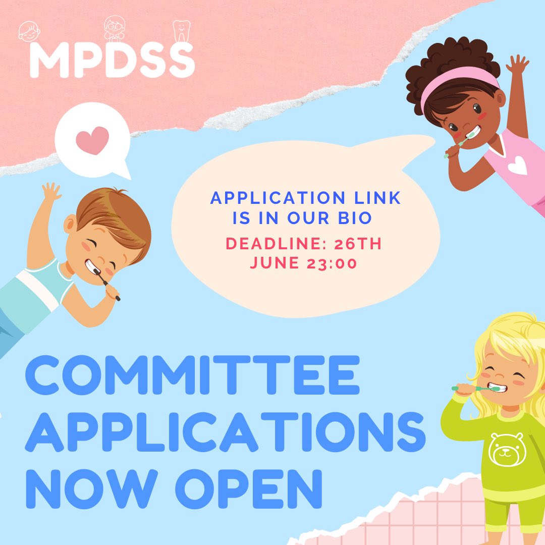 mpdssoc's tweet image. ⭐️ COMMITTEE APPLICATIONS ARE OPEN ⭐️ 

We have a wide range of roles available to University of Manchester dental and oral health science students 🦷. 

Role descriptions and application forms are in our bio! 💌.  

DEADLINE: 26/06/23 @ 23.00