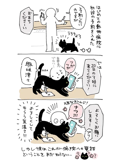 電話の向こうの動物病院スタッフさんに「よろしく!」って元気にあいさつしてたろんさんの絵日記 #ろんの絵日記