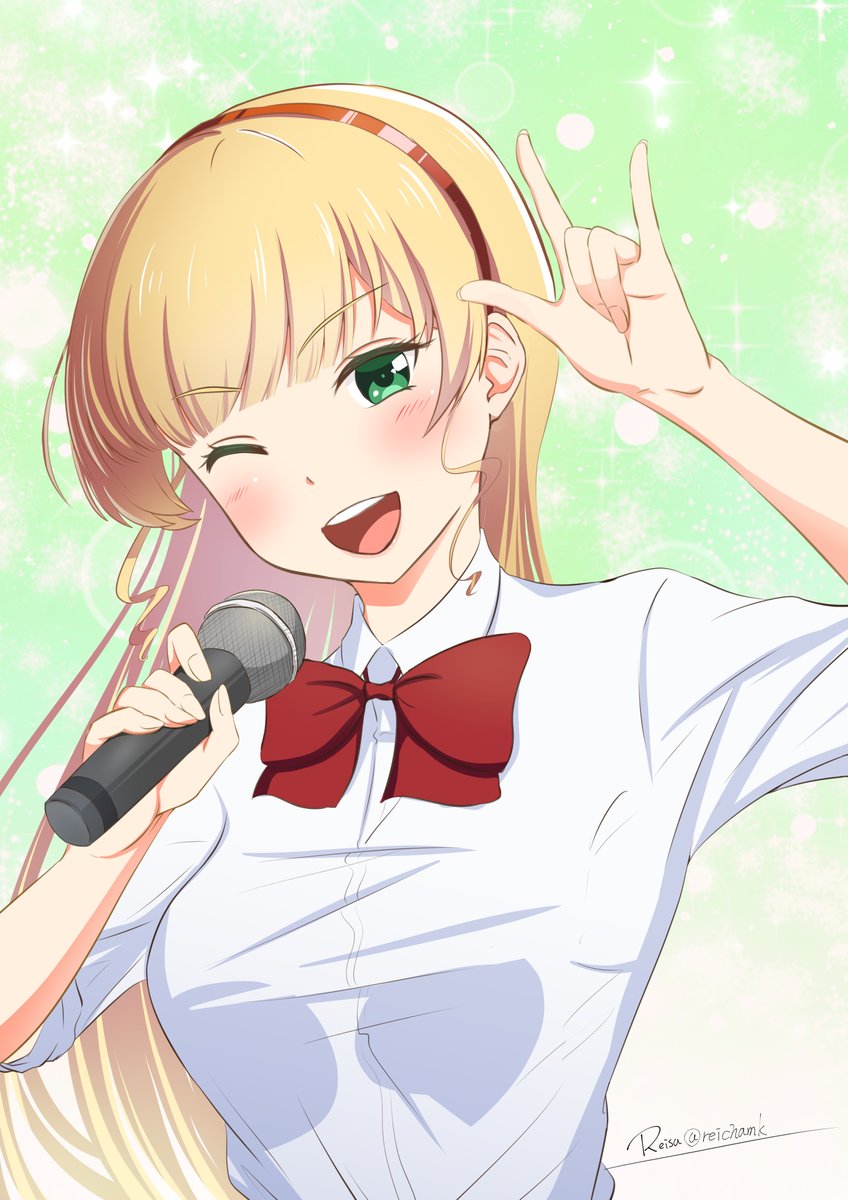 1girl microphone one eye closed blonde hair solo \m/ green eyes  illustration images