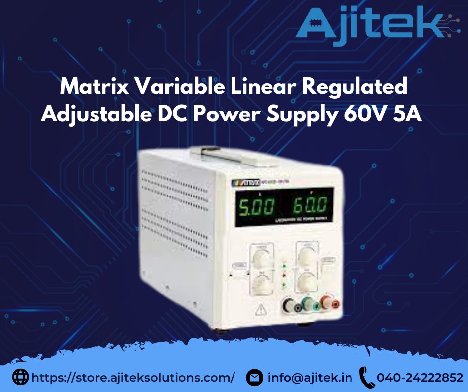 SolutionsAjitek's tweet image. Introducing our Matrix Variable Linear Regulated Adjustable DC Power Supply, delivering outstanding performance with a voltage range of 0-60V and current output of up to 5A. #PowerFlexibility #Innovation #Efficiency #HighPerformance #ajitektechsolution #storeajiteksolutions