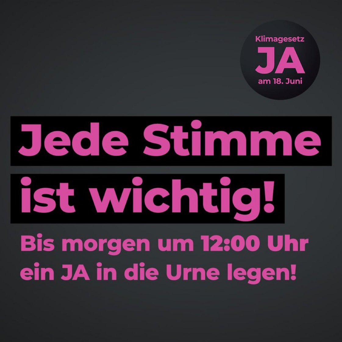 Fabian Etter (@fabianetter) on Twitter photo Wer morgen nicht bereuen will, dass er seine Stimme nicht genutzt hat:
Ihr habt noch bis Sonntag, 1️⃣2️⃣:0️⃣0️⃣ Zeit!
Schon jetzt ist klar: JEDE Stimme zählt ✅
@Klimagesetzja <a href="/klimaschutzja/">JA zum Klimaschutz-Gesetz</a> <a href="/swisscleantechD/">swisscleantech</a> @aeesuisse Wer morgen nicht bereuen will, dass er seine Stimme nicht genutzt hat:
Ihr habt noch bis Sonntag, 1️⃣2️⃣:0️⃣0️⃣ Zeit!
Schon jetzt ist klar: JEDE Stimme zählt ✅
@Klimagesetzja <a href="/klimaschutzja/">JA zum Klimaschutz-Gesetz</a> <a href="/swisscleantechD/">swisscleantech</a> @aeesuisse