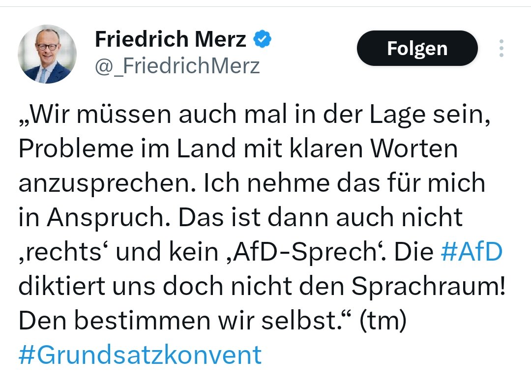Nach CDU-Chef Friedrich Merz ist türkische Kinder als 'kleine Paschas' und ukrainische Geflüchtete als 'Sozialtouristen' zu bezeichnen also kein 'AfD-Sprech'? #Merz hat sich deren Terminologie längst zu eigen gemacht. Was er vergisst: Die Leute wählen dann das rechte 'Original'