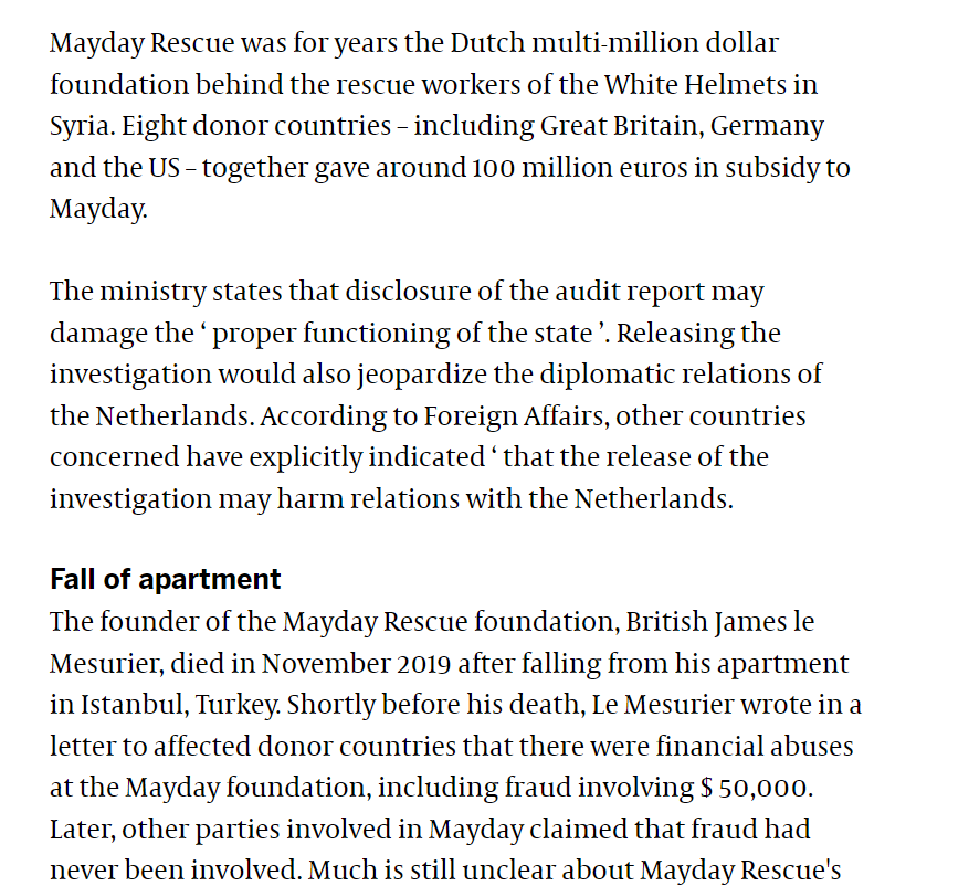 Why is Fraud investigation report on #WhiteHelmets funding manager #MaydayRescue being kept secret? Why is Dutch MFA claiming 'that disclosure of the audit report may damage the ‘ proper functioning of the state ’ - are they being threatened?