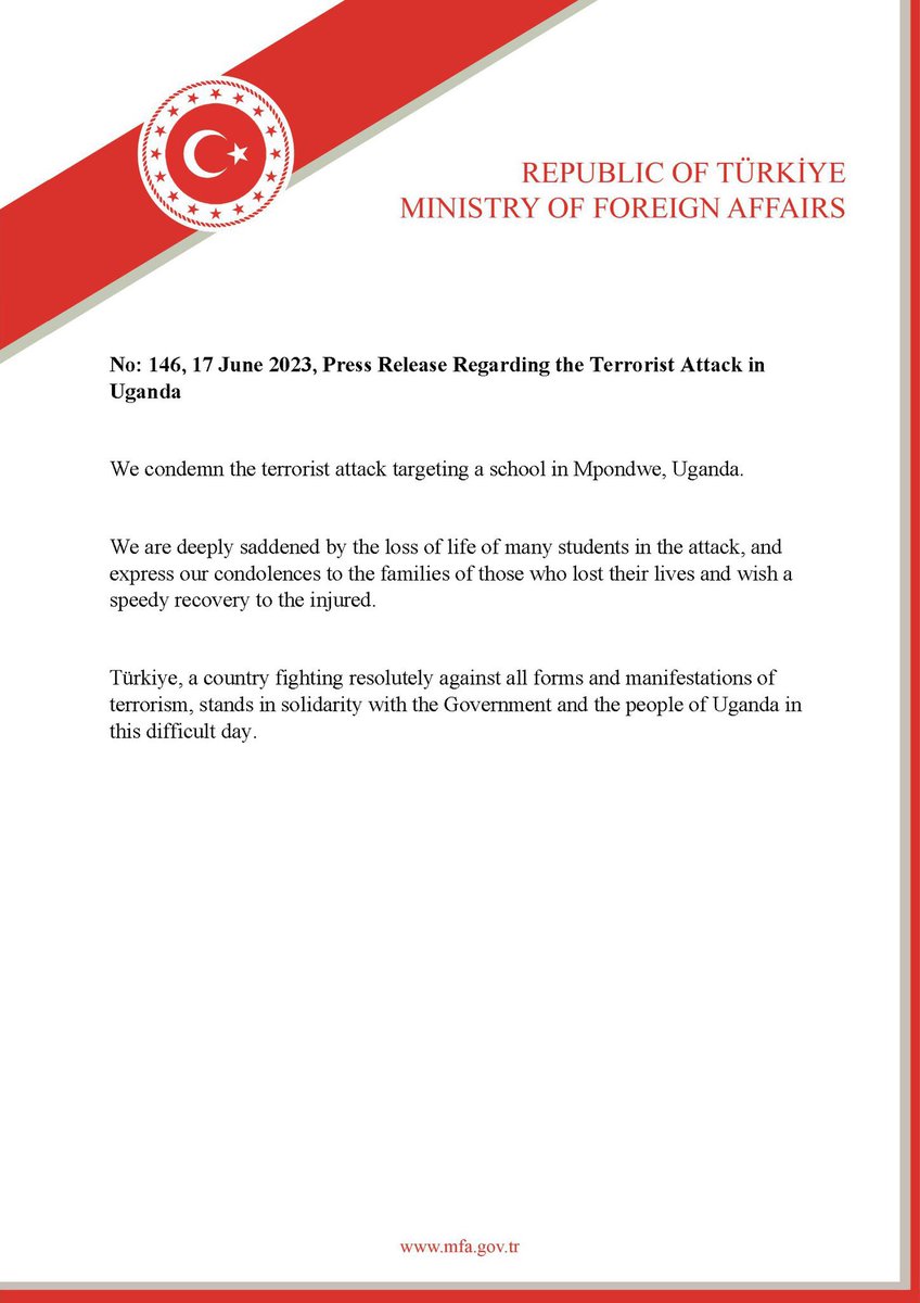 Türkiye in Uganda (@tc_kampalabe) on Twitter photo “We condemn the terrorist attack targeting a school in #Mpondwe, #Uganda.
Türkiye, a country fighting resolutely against all forms and manifestations of terrorism, stands in solidarity with the Government & the people of 🇺🇬.” <a href="/UgandaMFA/">Ministry of Foreign Affairs - Uganda 🇺🇬</a> <a href="/KagutaMuseveni/">Yoweri K Museveni</a> <a href="/GovUganda/">Government of Uganda</a>
#TürkiyeUganda “We condemn the terrorist attack targeting a school in #Mpondwe, #Uganda.
Türkiye, a country fighting resolutely against all forms and manifestations of terrorism, stands in solidarity with the Government & the people of 🇺🇬.” <a href="/UgandaMFA/">Ministry of Foreign Affairs - Uganda 🇺🇬</a> <a href="/KagutaMuseveni/">Yoweri K Museveni</a> <a href="/GovUganda/">Government of Uganda</a>
#TürkiyeUganda