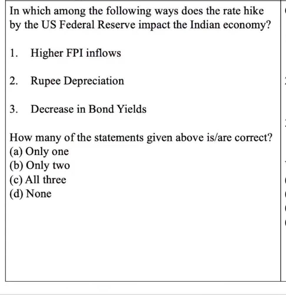 Solve this Practice Question to test your preparation level.

#UPSC #BPSC #UPPSC #HPSC #MPPSC #CGPSC #RauIAS  #UPSCPrelims2024

[ Do check this space AGAIN after a while for correct answer and necessary explanation ]

#Ratehike #USFederalReserve  #economy