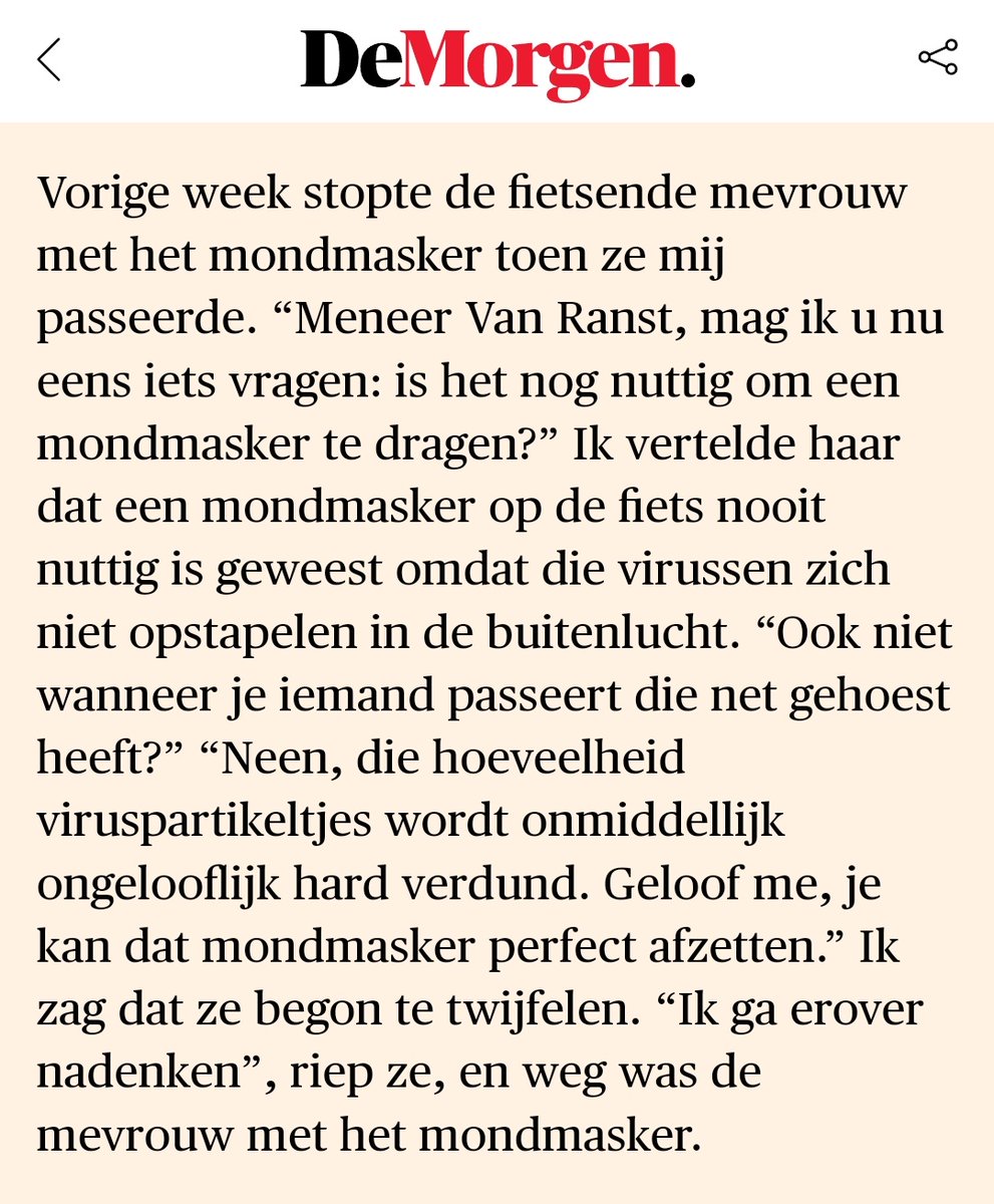 Krijg nu wat! 🤷
Weet je nog hoe Van Ranst tekeer ging tegen Jean-Marie Dedecker voor de tafeltjes op de dijk? Dat mondmaskers ook buiten verplicht werden, zelfs in een cabrio. Sorry ik moet even 🤮.