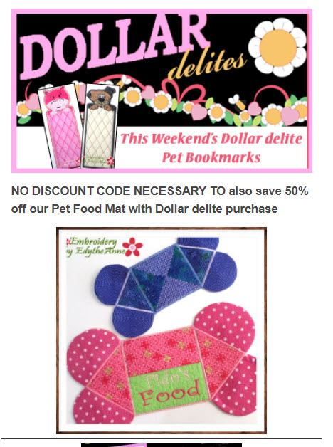THIS WEEKEND'S DOLLAR delite! -SAVE ON PETS - mailchi.mp/inthehoopembro…

#EmbroiderybyEdytheAnne  #InTheHoopMachineEmbroidery  #MachineEmbroidery #Quilting  #Pets  #MugMat  #MugRug #Bookmarks #Dog #Cat