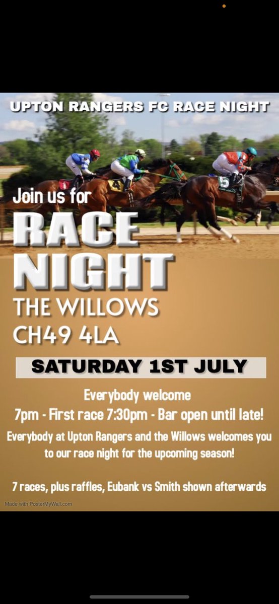 UptonGrangeFC's tweet photo. Everybody is welcome to our race night at The Willows on Saturday 1st July. 7pm start, 7:30 first race. Bar open late, hope to see you down there! 
#UTFU 🔵🔴 https://t.co/hvT6Fak72C