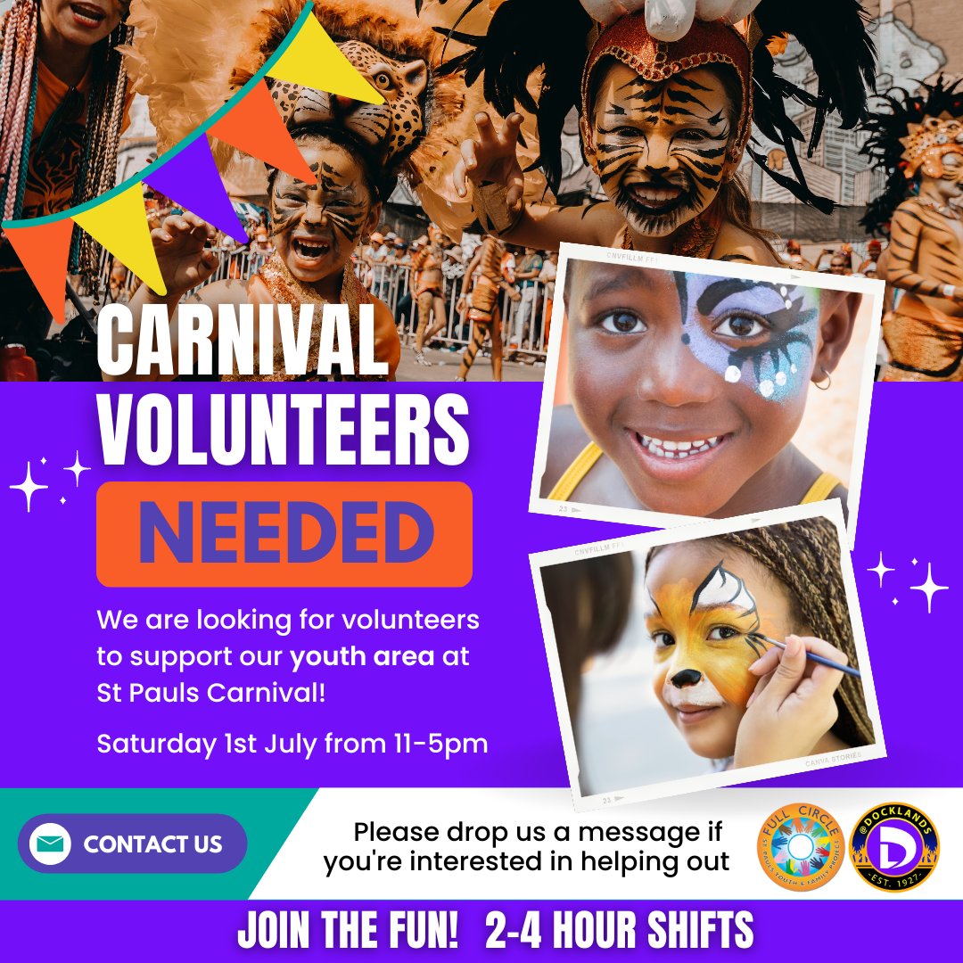🎉 Who’s excited for #StPaulsCarnival?! 🙋🏾‍♀️🙋🏿‍♂️We’re looking for volunteers to support our youth area which will be located in St Agnes Park. We’ll be doing some fun crafts & collaborative arts for all the kids to enjoy! Please drop us a message if you can help out on the day 🙏😃