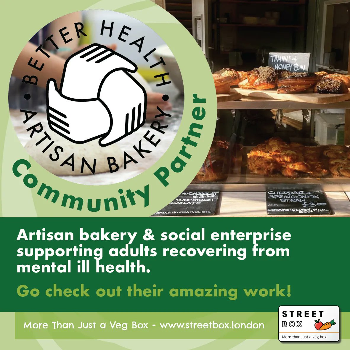 Shout out for one of our community partners! 
Better Health Bakery @BHBakeryE8 are an amazing artisan bakery and social enterprise that supports adults recovering from mental ill health! Go and check them out! 
📦 🥬 🥕 
#community #London #northlondon #eastlondon
