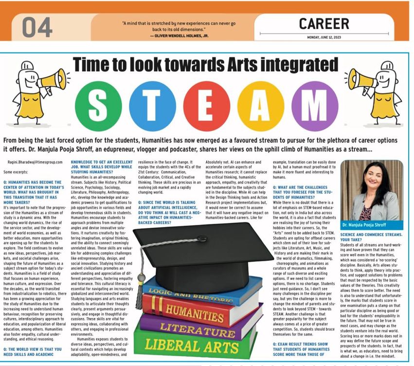 Manjula_Pooja's tweet photo. Edupreneur Dr. Manjula Pooja Shroff spoke to Times of India, on the uphill task of humanities as a stream of choice for children. Read on....
#MPS #manjulapoojashroff #Kalorex #humanities #educational #humanitiesandsocialsciences https://t.co/UdCLVIhT3i