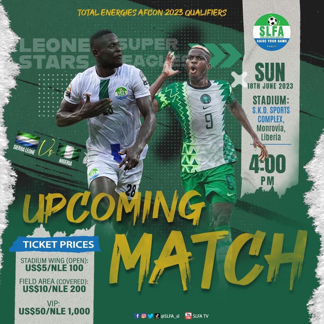 We will be having a conversation on Sierra Leone vs Nigeria at exactly 4pm today; We will discuss issues surrounding: players Call-ups, The Nature of the fixture, Management of the squad and Your hope for the game…

Be Part of it 🇸🇱❤️💯🙌🏾