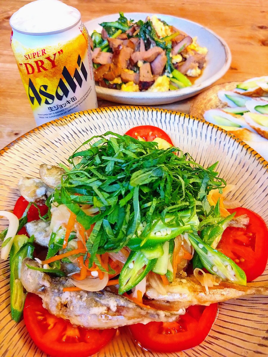 【今宵のおうち晩酌🌙】 鯵の南蛮漬け 豚肉と小松菜の卵炒め ちくわきゅうり ビール/生ジョッキ缶 週末のんびり晩酌😆 カンパイッ🍺ヽ(´▽｀)/