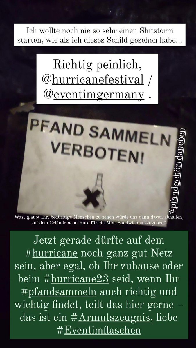 Solipop's tweet photo. Jetzt gerade dürfte auf dem #hurricane noch ganz gut Netz sein, aber egal, ob Ihr zuhause oder beim #hurricane23 seid, wenn Ihr #pfandsammeln auch richtig und wichtig findet, teilt das hier gerne – das ist ein #Armutszeugnis, liebe #Eventimflaschen

(#eventim)(#Shitstorm, bitte) https://t.co/Gg48q6u6HC