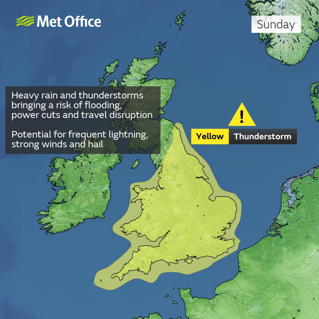 metoffice's tweet image. ⚠️ Yellow weather warning UPDATED⚠️  
Thunderstorms across England and Wales
Sunday 1200 – 2359
Latest info 👉 bit.ly/WxWarning 
Stay #WeatherAware⚠️