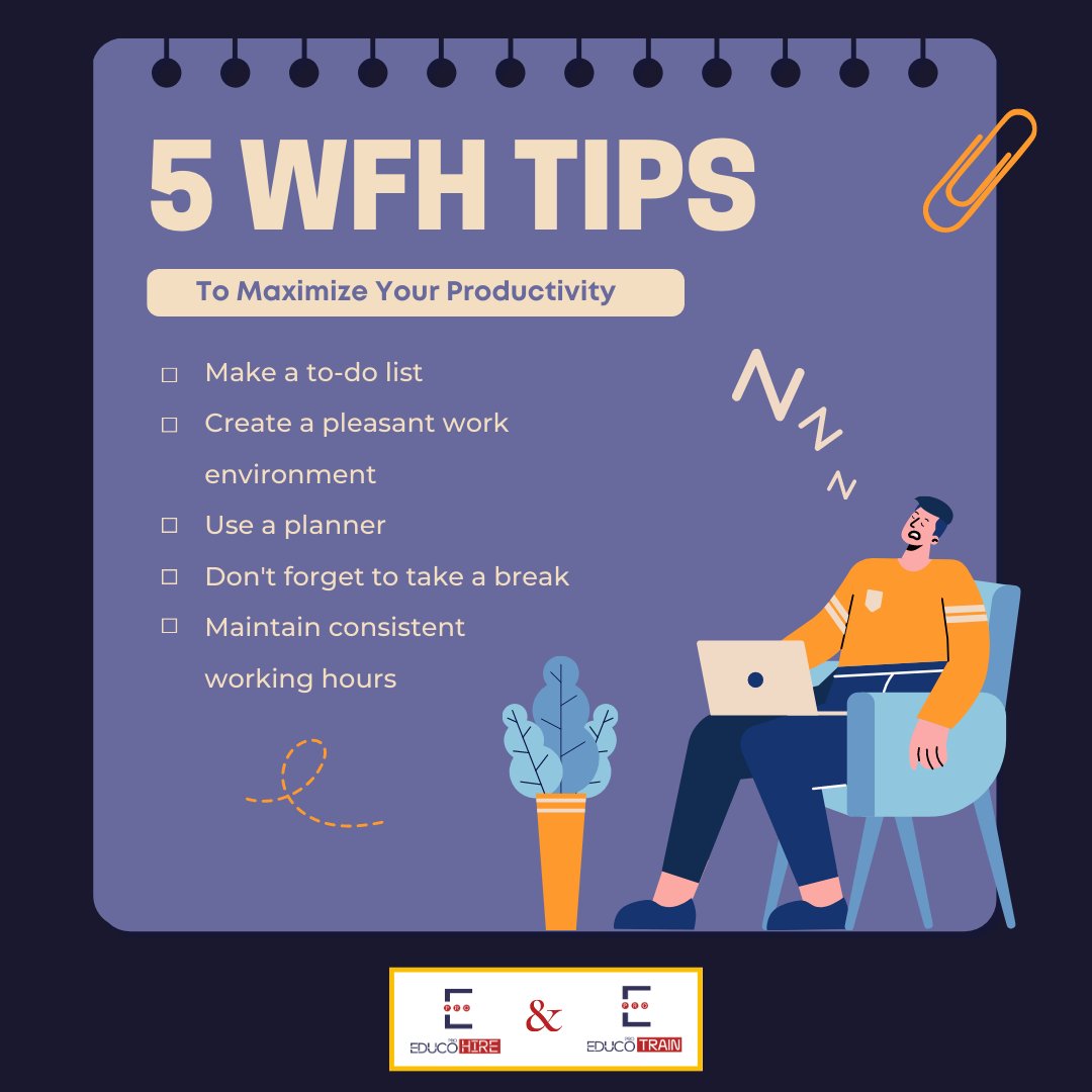 Staying productive while working from home takes effort! Here are some useful tips to help you maximize your productivity! 💻

#WorkFromHome #Productivity #educohire #educotrain #Tips #StayOrganized #StayMotivated