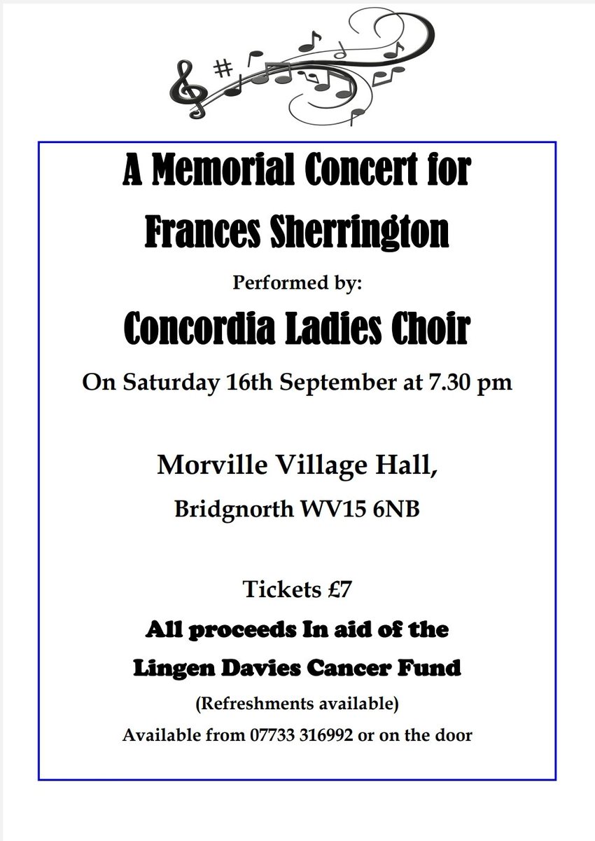 Concordia Ladies Choir (@concordialadies) on Twitter photo **SAVE THE DATE**
Our next public #concert is on the horizon! We will be performing at Morville Village Hall #Shropshire on Sat 16th September, in a memorial tribute to one of our ladies who passed away last year. All proceeds to <a href="/LingenDavies/">Lingen Davies Cancer Support</a> Cancer Fund who supported Frances π **SAVE THE DATE**
Our next public #concert is on the horizon! We will be performing at Morville Village Hall #Shropshire on Sat 16th September, in a memorial tribute to one of our ladies who passed away last year. All proceeds to <a href="/LingenDavies/">Lingen Davies Cancer Support</a> Cancer Fund who supported Frances π