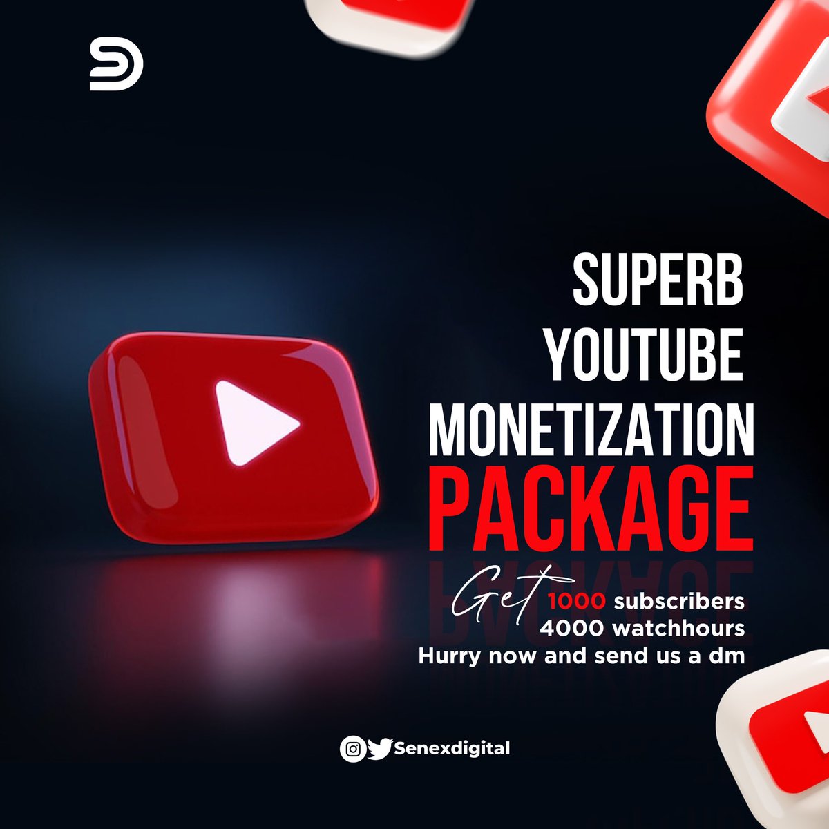 senexdigital_'s tweet photo. Are you a content creator and want to monetize your YouTube channel?

We offer a range of services to help you meet the eligibility requirements for YouTube's Partner Program and monetize your videos generate revenue streams.

Contact us today to learn more about our services https://t.co/USxjz7cqvT
