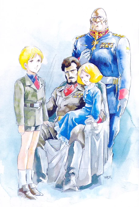 安彦氏によるジオン・ズム・ダイクンと幼いキャスバル、アルテイシアのイラスト。 ロマンアルバム用のイラストなので知名度は低いかも? 後ろの人の良さげな若いデギン公王(この時点では公王じゃないけど)もなかなかレア #安彦良和 #ガンダム