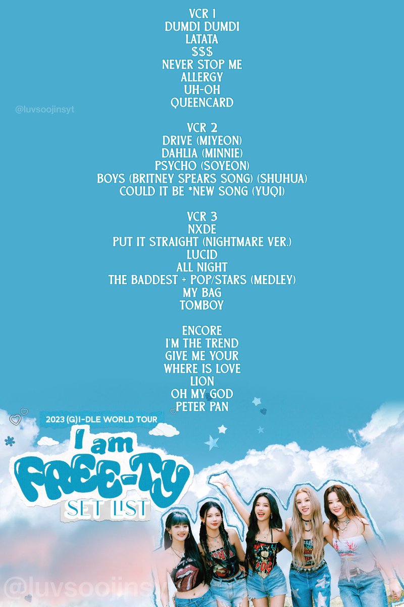 here’s the setlist for the first night! the playlist on spotify is also up to date 

* some information may be incorrect but i’m pretty confident this time!

#여자아이들 #GIDLE
#Iam_FREETY
#2023_GIDLE_WORLDTOUR