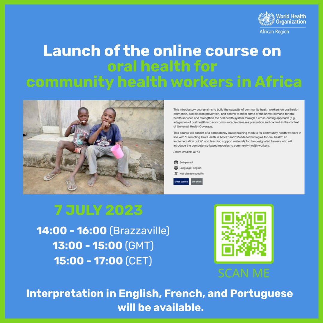 In collaboration with <a href="/Harvard/">Harvard University</a> @BrittGlobHealth team, <a href="/WHOAFRO/">WHO African Region</a> will organize the webinar on the launch of the online training course on oral health for community health workers (CHWs) on 7 July. You can register for the webinar through this link: lnkd.in/g3k93egw